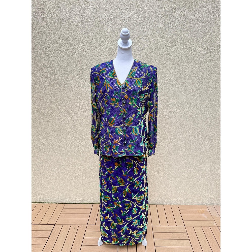 Aurora Ruffolo Christian Ruperto NY maxi skirt blazer purple silk floral set